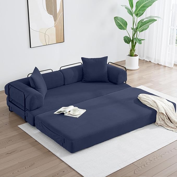 Convertible Sleeper Sofa Bed with Cylindrical Pillow, Corduroy Folding Boneless Couch with Fixed-Shape Frame, Floor Sofa Lounge Couch for Living Room Bedroom Lounge Studio-Blue