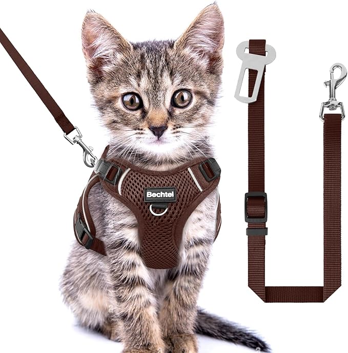 Kitten Harness and Leash Seat - Escape Proof Adjustable Cat Harness, Comfortable Soft Lightweight, Use Safe & Easy, Walking Travel Kitten Harness for Small Medium Large Cats, Brown, XXS(1-3lb)