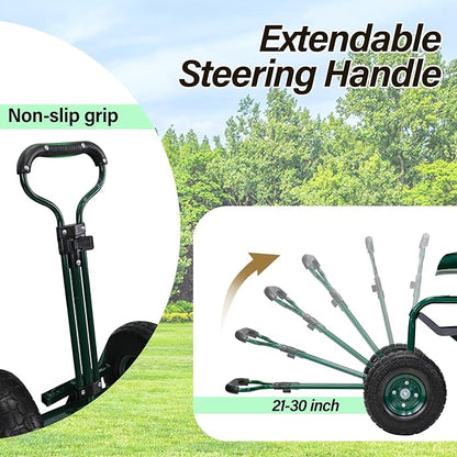 BDL Garden Cart Outdoor Rolling Garden Workseat with Wheels, Heavy Duty Garden Tool Cart with Extendable Handle and Storage for Seniors Yard Gardening Work