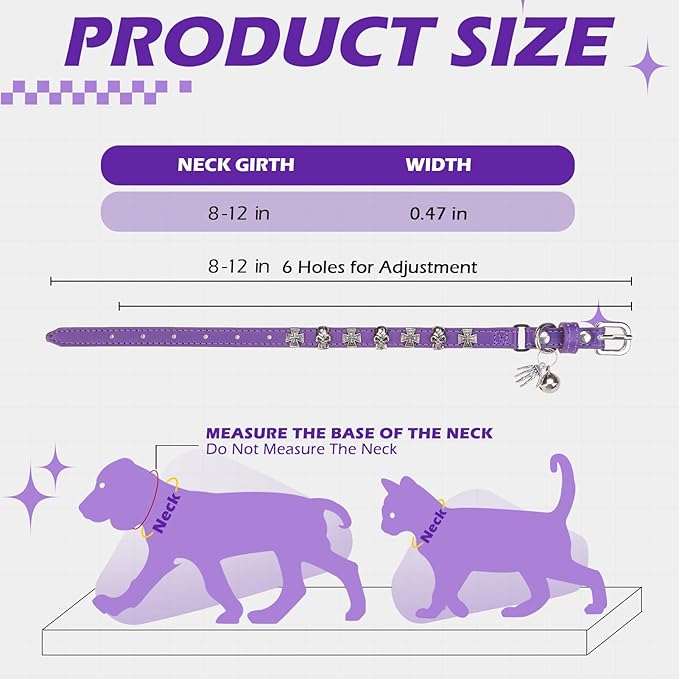 EXPAWLORER Leather Cat Collar for Girl Boy- Adjustable Pet Collar with Safety Elastic Belt,Personalized Punk Accessories Buckle Collars with Bell & Durable D-Ring, Skull(Purple)