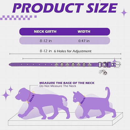 EXPAWLORER Leather Cat Collar for Girl Boy- Adjustable Pet Collar with Safety Elastic Belt,Personalized Punk Accessories Buckle Collars with Bell & Durable D-Ring, Skull(Purple)