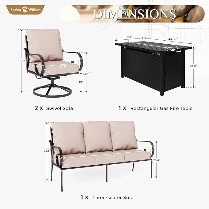 Sophia & William Patio Furniture Set with Fire Pit Table, Outdoor Conversation Sets 5 Seats Clearance with 45" Gas Fire Pit Table x 1, 3-seat Sofa x 1, Swivel Chair x 2 for Porch Lawn, Beige