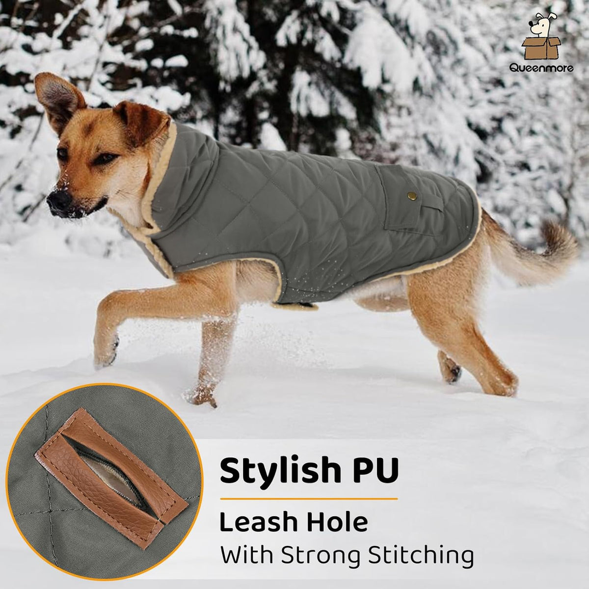 Queenmore Dog Winter Coat - Fleece Jacket, Waterproof Cold Weather Dog Clothes, Thick Warm Cotton Padding, Easy On Storage Pockets (Grey, Small)