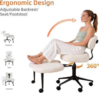 DUMOS Ergonomic ADHD Cross Legged Office Desk Chair with Adjustable Backrest, Height Adjustbale Meditation Chair with 360° Swivel Footstool, Teddy Fabric Yoga Stool for Home Office, White
