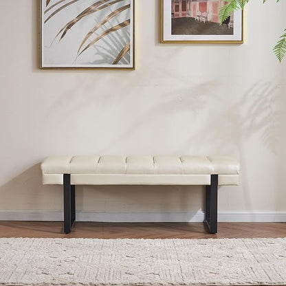AIITTCC Faux Leather Ottoman Bench, Tufted Padded End of Bed Bench with Metal Legs, Upholstered Shoe Bench for Bedroom Living Room Entryway Window (Beige White, 46" Wide)
