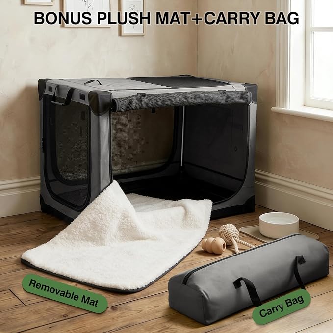 Veraste 24" Soft Collapsible Travel Dog Crate for Small Medium Pets,Grey | 4-Door Foldable Travel Crate,breathable mesh, foldable with storage bag