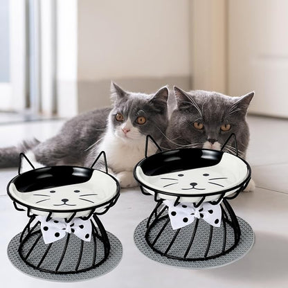 2PCS Ceramic Elevated Cat Bowls, Raised Pet Food Bowl Whisker Friendly, Anti-Vomiting Food Plate with Cute Metal Stand, Shallow Food Plate for Indoor Cat, Protects Spine
