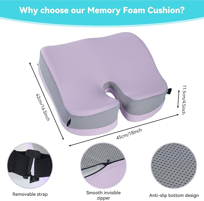 Seat Cushions for Office Chairs Wheelchair Cushion for Long Sitting Back Pain，Memory Foam Seat Car Computer Desk Chair Cushion，Coccyx Cushion for Tailbone Pain Relief Office Chair Butt Pillow Purple