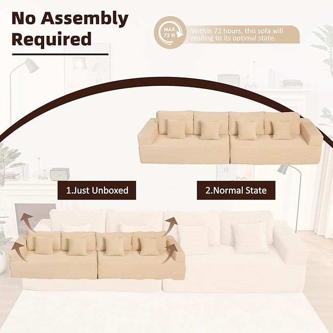 138" Modular Sofa Memory Foam Sectional Couches for Living Room, Sleeper Sofa Bed, Corduroy, White