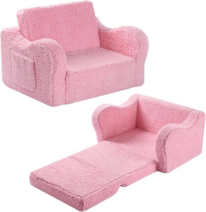Kids Sofa, 2-in-1 Flip-Out Foam Couch with Soft Sherpa Cover, Cozy Play Lounge Chair, Pink