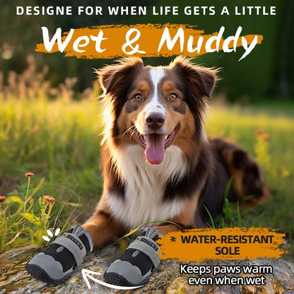 Hcpet Dog Shoes for Large Dogs, Waterproof Dog Booties for Small Medium Dogs, Anti-Slip Dog Boots & Paw Protectors for Hot Pavement Winter Snow Hiking with Reflective Straps Black Size 7