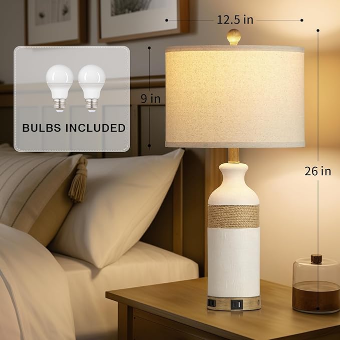 Boho Rattan Table Lamps for Bedroom Nightstand 26" Farmhouse Bedside lamp Set of 2 with USB C+A Ports & AC Outlet,3-Way Dimmable Touch Control Vintage Lamps for Living Room(Include Bulbs)