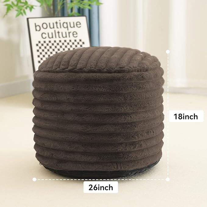 Pouf Ottoman Stuffed Round for Foot Rest, Faux Fur Poufs with Foam Chunk Filling, Storage Ottoman Pouf Foot Stool Cushion, 26 X 18 Inch Floor Chair for Living Room Bedroom Home Decor, Brown