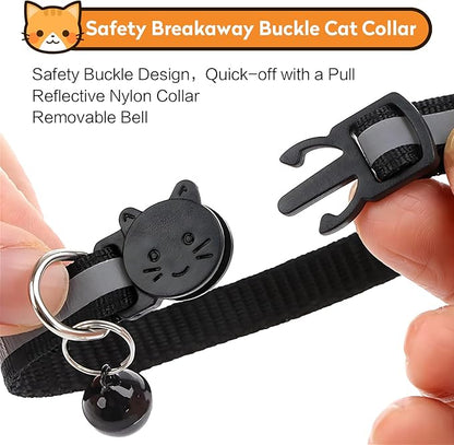 Airtag Cat Collar with Bell, Reflective Nylon Kitten Collar with Apple Air Tag Holder and Breakaway Safety Buckle for Puppy Girl Boy Cats, 3/8" in Width and Lightweight, Black