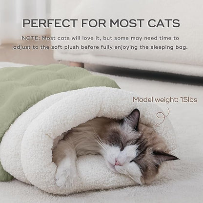 Cat Sleeping Bags for Indoor Cats Self Warming Cat Bed Fits up to 15 lbs Pets Soft Plush Warm Bed 360° Wrap Bag Washable Comfortable Pet Sleeping Bed 21" × 17" Green