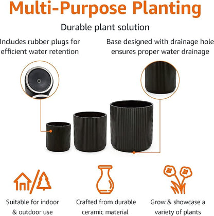 Amazon Basics Fluted Ceramic Planters for Indoor Outdoor Plants, Round Flower Pots with Drainage Hole, Set of 3, 6 inch, 8 inch, 10 inch, Black