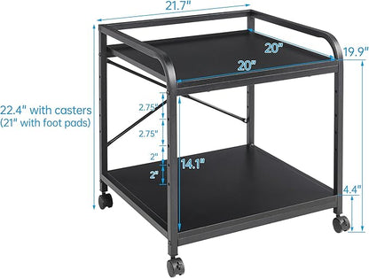 Fannova 2 Tier Under Desk Printer Stand with Storage, 20 Inches Deep Large Printer Table with Height Adjustable Shelf, Rolling Printer Cart with Wheels for Home Office - Black