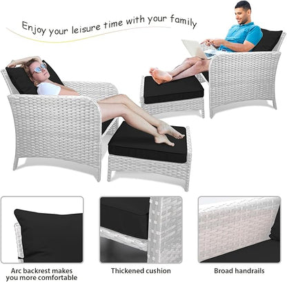 LEVELEVE Balcony Furniture 5 Piece Patio Conversation Set, PE Wicker Rattan Outdoor Lounge Chairs with Soft Cushions 2 Ottoman&Glass Table for Porch