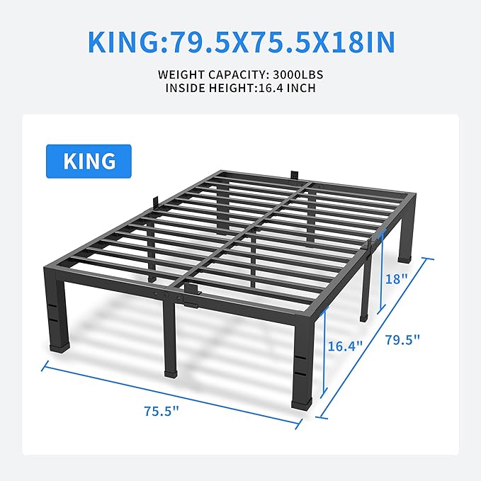 MAF 18 Inch King Size Bed Frame No Box Spring Needed Heavy Duty Platform King Bed Frame Steel Slat Support High Platform Bedframes with Storage Size Black Metal