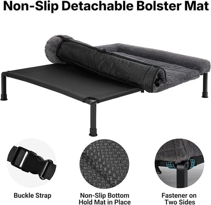 Veehoo Elevated Dog Bed with Fluffy Plush Bolster Cushion, Dog Couch Bed | Cooling Raised Dog Bed for Large Dogs, Washable Orthopedic Pet Cot with Removable Mat, Breathable Mesh, Non-Slip, 42", Grey