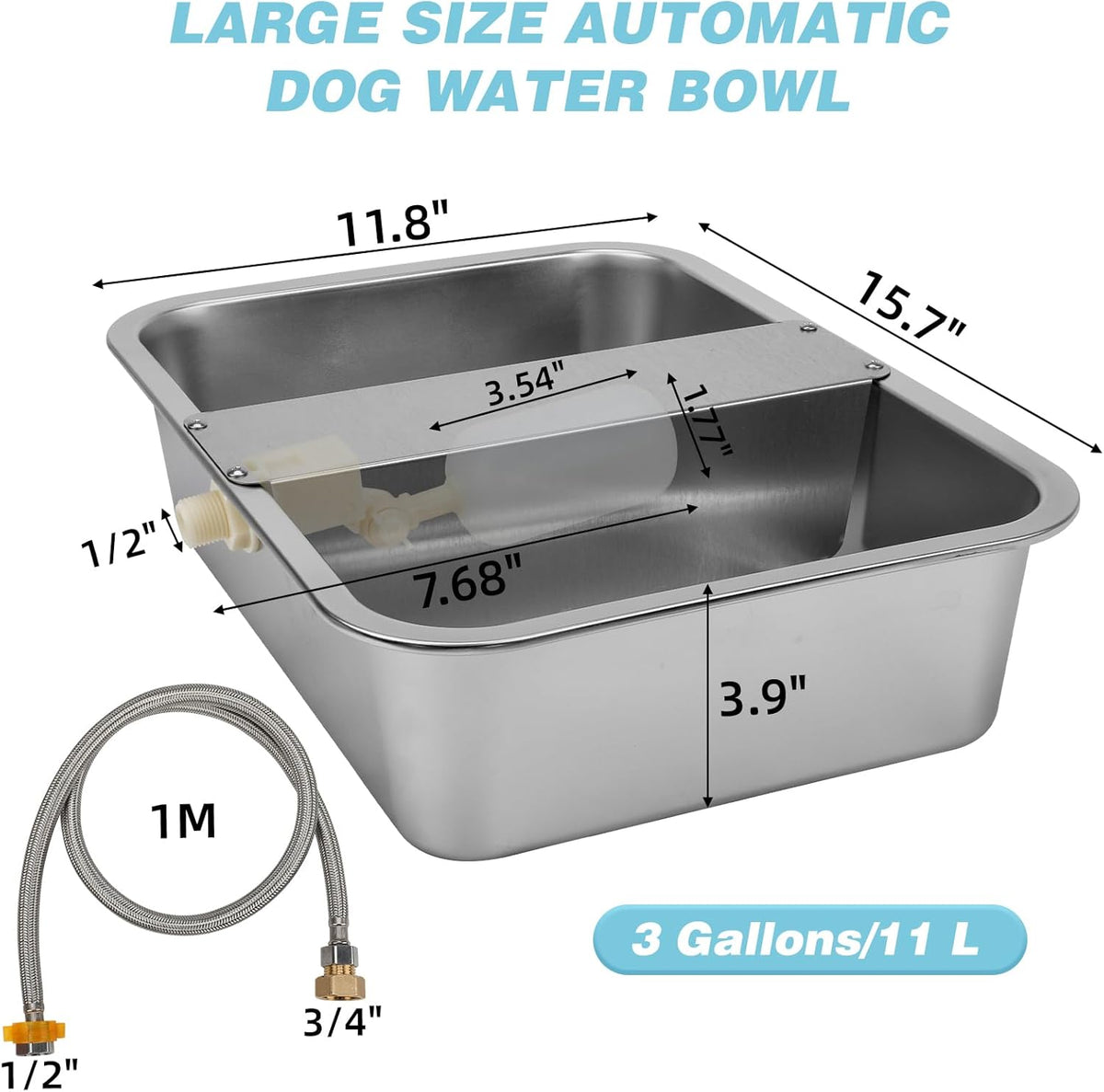 3 Gallon Automatic Dog Water Dispenser, Large Dog Water Bowl Dispenser for Outdoor, Stainless Steel Pet Bowl for Waterer Auto Fill Pet Waterer for Livestock Dogs Cats Chicken Fit 3/4'' GHT Faucet