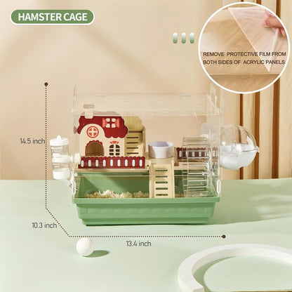 8 in 1 Clear Acrylic Hamster Cage with All Accessories,13.5''L* 10''W* 13''H Dwarf Hamster Cage,Small Hamster Habitat,Garden Style Mouse Cage for Pet Mice,Hamster Enclosure with Stairs(1-Layer)