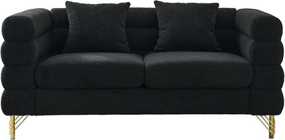 mikibama Modern Teddy Loveseat Sofa, 60 Inch Sectional Sofa Couch, Luxury 2 Seater Deep Couch with 2 Pillows and Gold Metal Legs for Living Room, Bedroom, Apartment (Black)