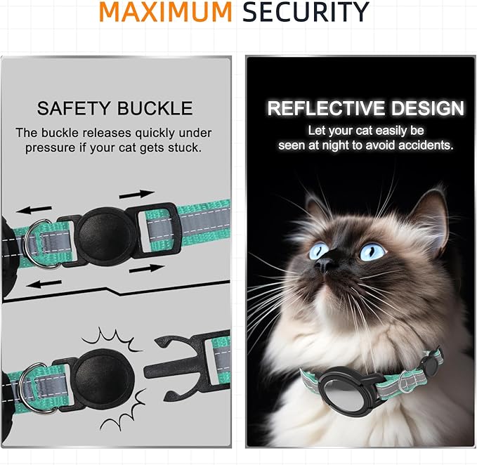 Airtag Cat Collar Breakaway, Odokele Reflective Cats Collars with Apple Air Tag Holder for Kitten, Cat GPS Tracker Adjustable Collars with Safety Quick Release Buckle for Kitties and Puppies - Teal