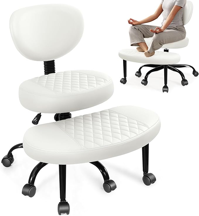 Ergonomic Cross Legged Office Chair with Wheels - Adjustable Height for Meditation, ADHD Desk & Yoga - Wide Criss Cross Design with Lumbar Support, Kneeling Chair - White