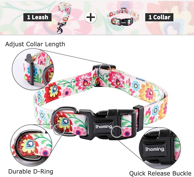 Ihoming Puppy Collar and Leash Set for Daily Outdoor Walking Running Training, White Colorful Flowers Design for Extra Small Boys Girls Dogs Cats Pets, XS-Up to 10LBS