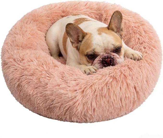 Calming Donut Dog Bed Medium Size Dog - Washable Removable Cover Non-Slip Bottom, Round Pet Bed Cat Bed Warming Fluffy Plush Faux Fur Anti-Anxiety, Fits up to 45 lbs (Blush, 30")