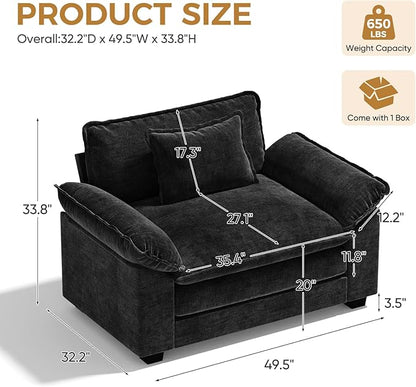 HUSFU Oversized Accent Chair, Chenille Cloud Sofa Chair with Deep Seat and Extra Wide Armrests, Comfy Reading Armchair for Living Room, Bedroom, Black, Set of 2
