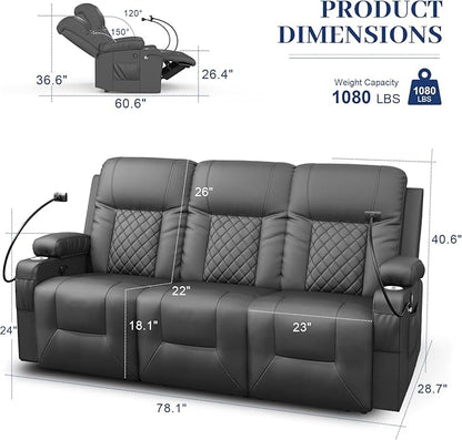 FURNIMAT Recliner Sofa, 3 Seats Dual Reclining Sofa, PU Leather Loveseat Couch, Modern Recliner Chair for Living Room, with Cup Holder and 2 Cell Phone Holder, USB Ports, Gray