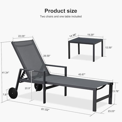 PURPLE LEAF Modern Charcoal Grey Patio Chaise Lounge Set for 2 with Adjustable Pool Chaise Lounge Chair and Table Included