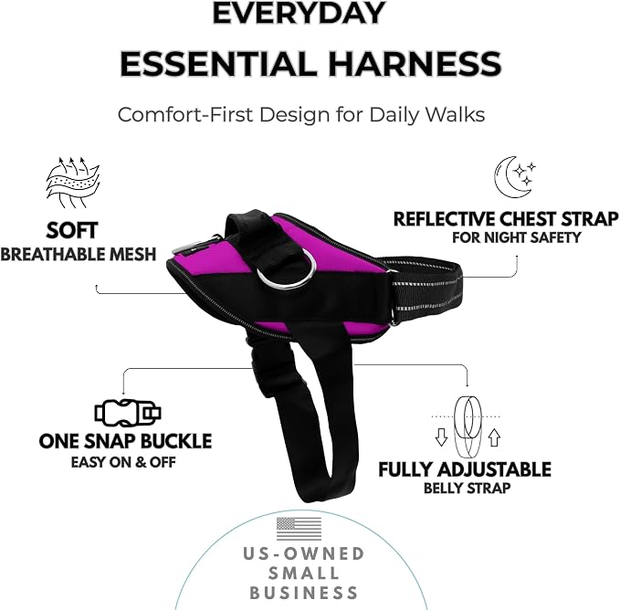 ShawnCo Essential Dog Harness, No-Pull Pet Vest (Orchid,S) | 3 Leash Clips, Easy On, No-Choke, Reflective, Adjustable Fit, Padded Comfort, Control Handle, For Small, Medium & Large Dogs