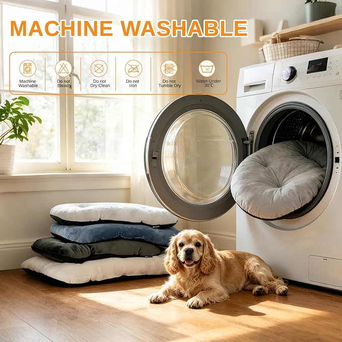 Washable Oval X-Large Dog Bed, Silver-Tipped High-Resilience, Light Gray | Non-Slip Bottom Prevents Sliding, Soft Plush Short Fur, Machine Washable, Ideal for Crates/Apartments/Cozy Nooks,41"x27"x3.6"
