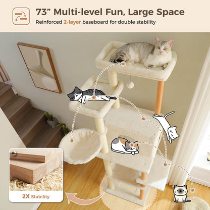 PAWZ Road Large Cat Tree, 73 Inches Tall Wooden Cat Tower with 2 Spacious Hammocks,2 Big Top Beds,8 Fully Scratching Posts and Natural Wood Posts, Multi Cat Tree for Indoor Cats Large Adult-XL