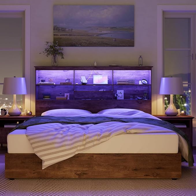 AMERLIFE King Size Bed Frame Wooden Platform Bed with 51.2" Storage LED Bookcase Headboard, Charging Station & 4 Storage Drawers/No Box Spring Needed/Noise Free/Rustic Brown