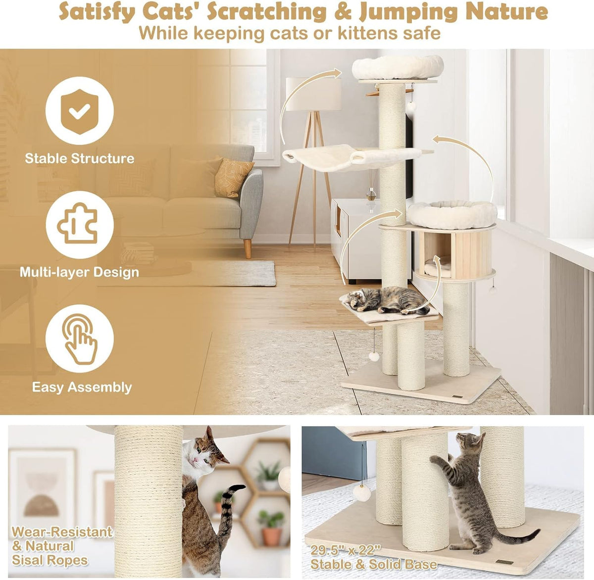 Tangkula Modern Cat Tree, Multi-Level Large Cat Tower with Condo, Hammocks & Hanging Basket, Tall Cat Tree with Sisal Posts, Washable Cushions, Wood Cat Trees and Towers for Indoor Large Cats