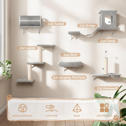 NUNU LAB 7-in-1 Wall Mounted Cat Climber Set, Cat Furniture Set with House, Tunnel, Bridge, Tree, Steps, Scratcher Board, Hammock, Luxury Wall Shelves for Indoor, Gray
