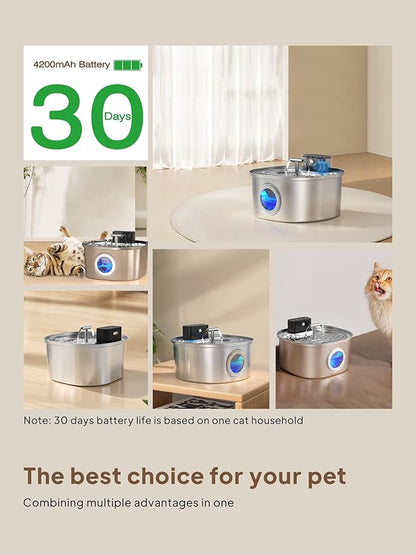 Voluas Cat Water Fountain Stainless Steel: 108oz/3.2L Wireless Cat Fountain Battery Operated for Drinking Indoor, Cordless Automatic Pet Water Dispenser Bowl with Water Level Window, BPA-Free
