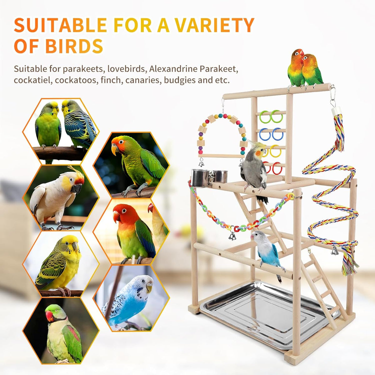 Bird Playground, Parrots Playstand for Small to Medium Birds, Perch Stand with 3 Ladders Playgym with Rope Perch, Swings Feeder Cups Bird Cage Accessories for Conure Cockatiel Lovebirds