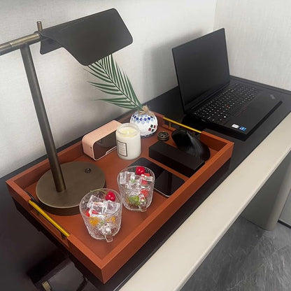 14x20 Inches Brown Faux Leather Wrapped Wood Serving Tray with Metal Handles for Various Occasions, Ottoman, Home Decor Decorative, Living Room, Coffee Table Organizer, Serving Breakfast On Bed