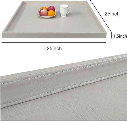 25 * 25 inches Luxury Leather Square Oversized Service Tray, Ottoman & Coffee Tray for Family Dinner, Out-of-House Picnic & Party (25 inch Beige)