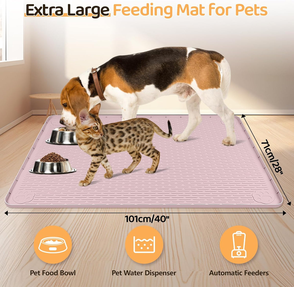 Dog Food Mat, Extra Large 40" x 28" Silicone Pet Feeding Mat with Raised Edge Pet Placemat for Small, Medium, and Large Pets Non-Slip, Easy to Clean (Pink)