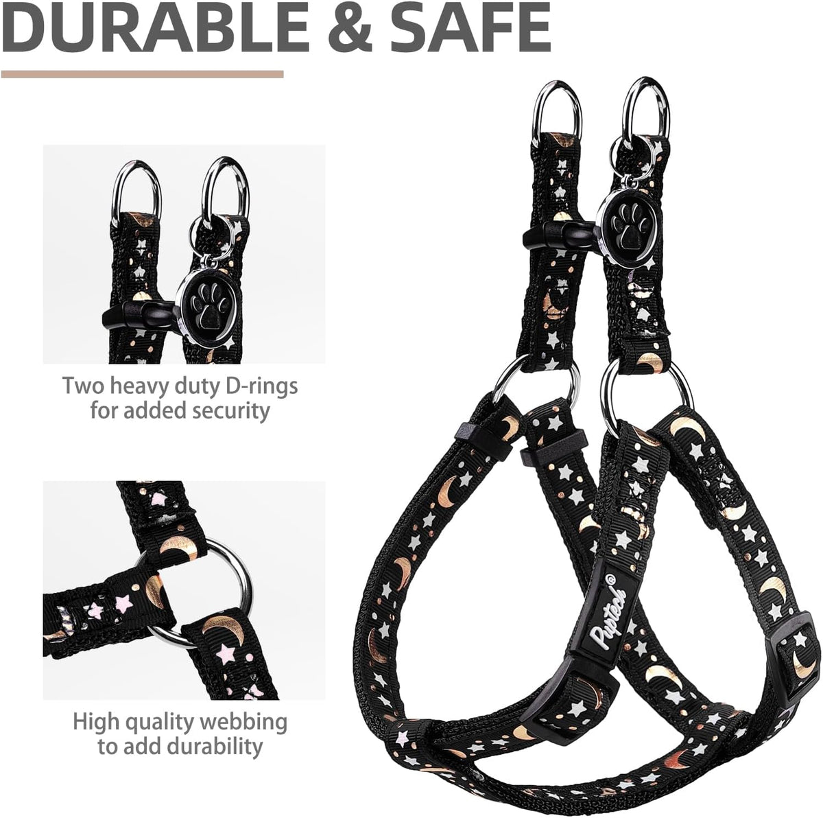 PUPTECK No Pull Dog Harness Soft Adjustable Basic Nylon Step in Puppy Vest Outdoor Walking with ID Tag, Moon Star Black, S