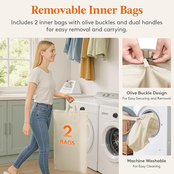 Lifewit 145L Laundry Basket with Lid, Large Laundry Hamper with Plastic Handles and Removable Bag, Foldable Tall Dirty Clothes Hampers for Laundry for Laundry Room, Bedroom, Bathroom, Dorm, Beige