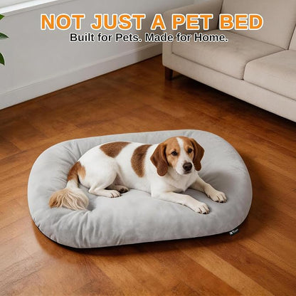Washable Oval Small Dog Bed, Silver-Tipped High-Resilience, Light Gray | Non-Slip Bottom Prevents Sliding,Soft Plush Short Fur,Machine Washable Cushion,Ideal for Crates & Small Spaces,23"x17"x2.8"