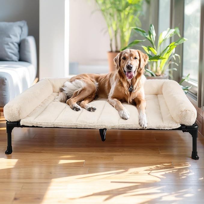 Veehoo Orthopedic Elevated Dog Bed with Fluffy Plush Bolster Cushion, Indoor Raised Dog Beds for Large Dogs, Soft Pet Sofa Cot with Removable Washable Mat, No-Slip Feet, 49 x 33 inches, Cream White
