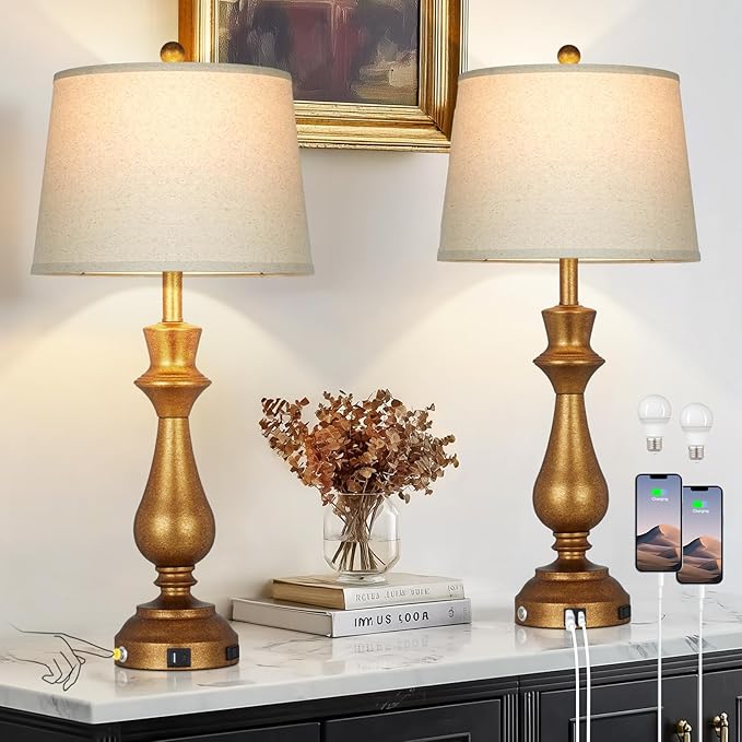 Retro Gold Table Lamps Set of 2 for Living Room,30" Tall Bedside Lamp with USB Charging Port,3-Way Dimmable Touch Nightstand Lamp for Bedroom Desk Side Table Office,Copper Gold